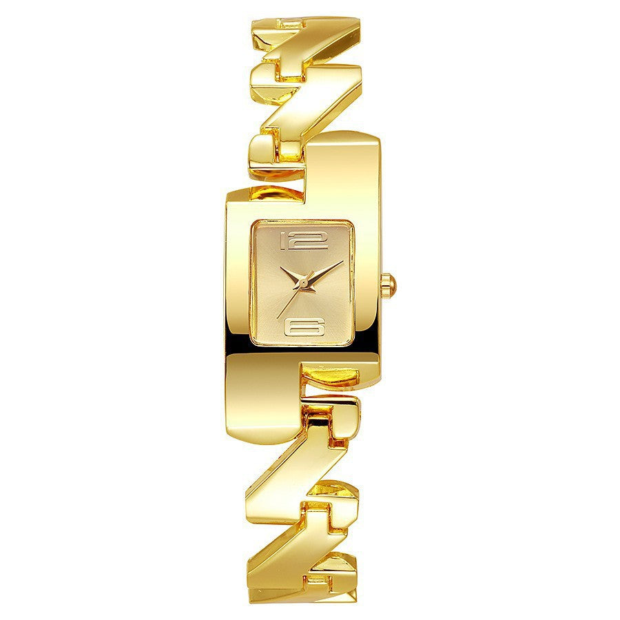 Women's 1pcs/set fashion vintage classic gold alloy yellow square watch with diamond-accented hollow bracelet watch