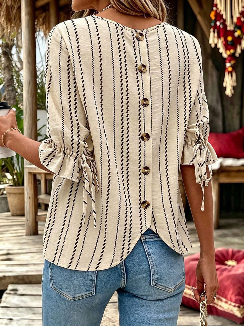 summer cross-border european and american women's textured striped top with single-row button-down back, tie-up detail, and ruffle sleeves - loose fit blouse