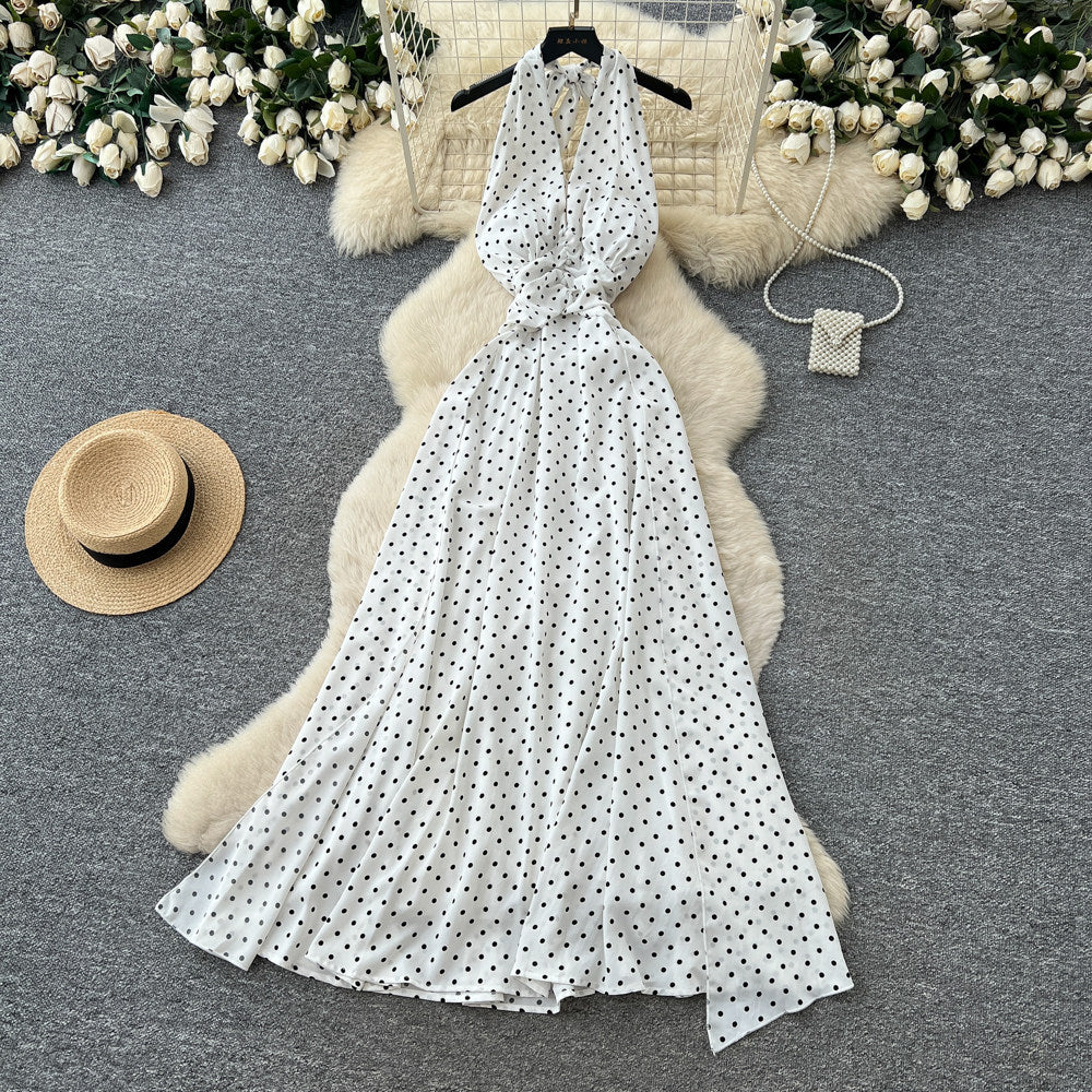 French halter polka dot pure desire backless dress women's summer v neck waist elegant vacation style elegant long skirt