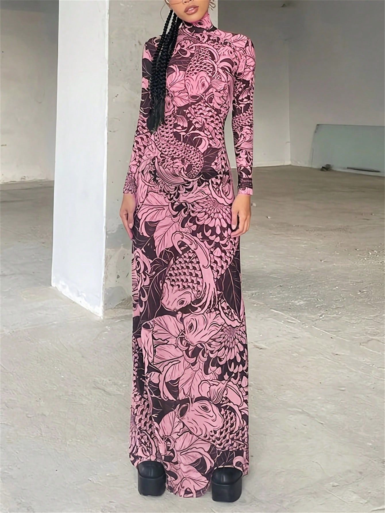 European and American  women's clothing 2023 autumn new fashion mesh printing perspective turtleneck slim and thin dress women