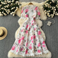 High-end women's summer  new french retro elegant lace patchwork printed waist-cinching chic evening dress