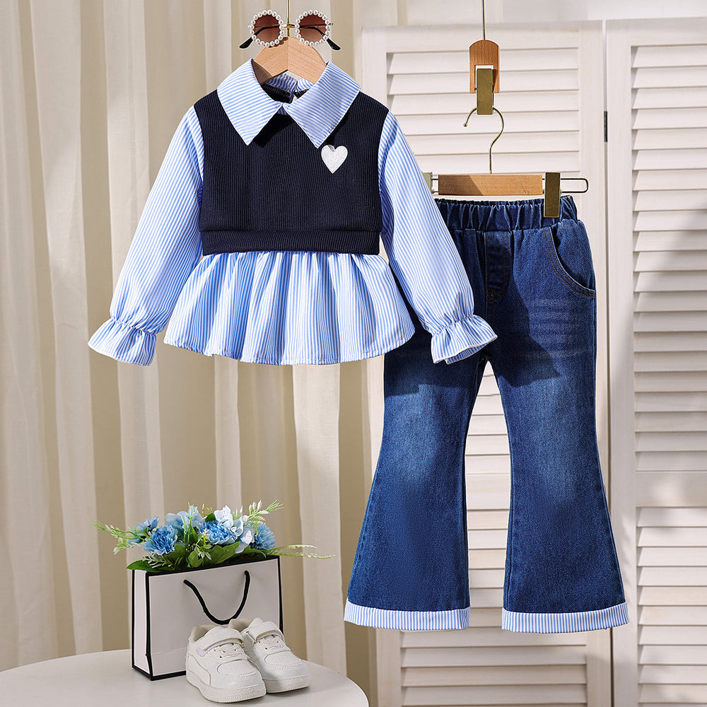 new autumn cross-border girls' collared shirt with patchwork top + denim flare pants two-piece set