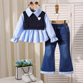 new autumn cross-border girls' collared shirt with patchwork top + denim flare pants two-piece set