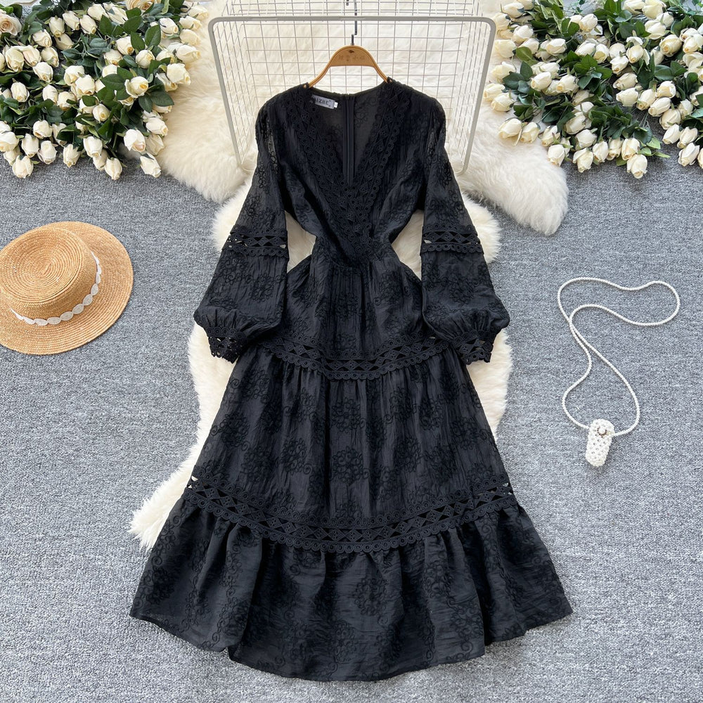 French court style floral lantern sleeve dress - women's spring hollow-out crochet v-neck design, elegant and luxurious maxi dress