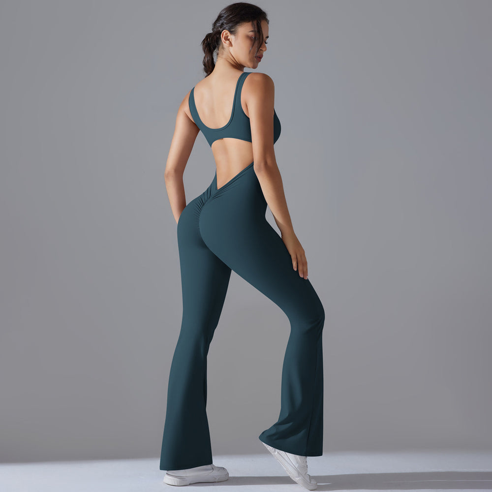 European and american cutout back bodysuit peach lift quick-dry tight workout gym outfit flare leg yoga jumpsuit for women