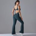 European and american cutout back bodysuit peach lift quick-dry tight workout gym outfit flare leg yoga jumpsuit for women