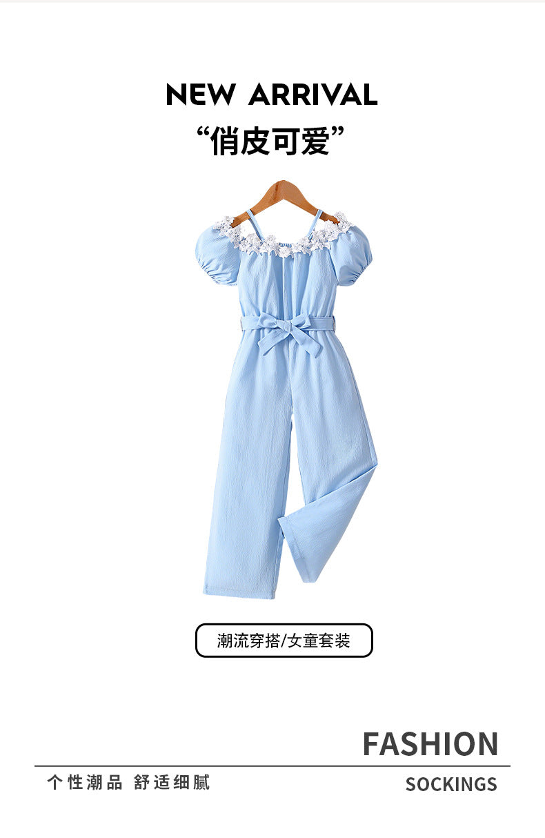 girl's suspender one-shoulder jumpsuit lace flower collar bows belt sky blue kids pants suit