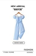 girl's suspender one-shoulder jumpsuit lace flower collar bows belt sky blue kids pants suit
