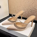 2026 spring rhinestone-embellished silk satin pointed-toe stiletto heel mules - women's closed-toe low-cut half-slipper, european & american style