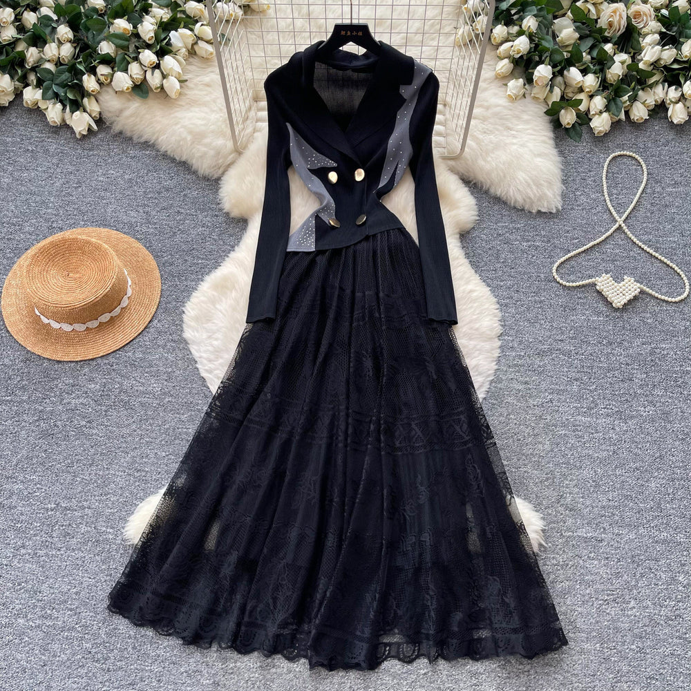 French romantic style blazer collar lace dress - women's summer slimming pleated flowy maxi dress - commute chic & elegant