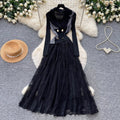 French romantic style blazer collar lace dress - women's summer slimming pleated flowy maxi dress - commute chic & elegant