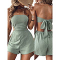 Shipped: women's strapless backless tie-up knot ruched slit mini jumpsuit - summer beachwear