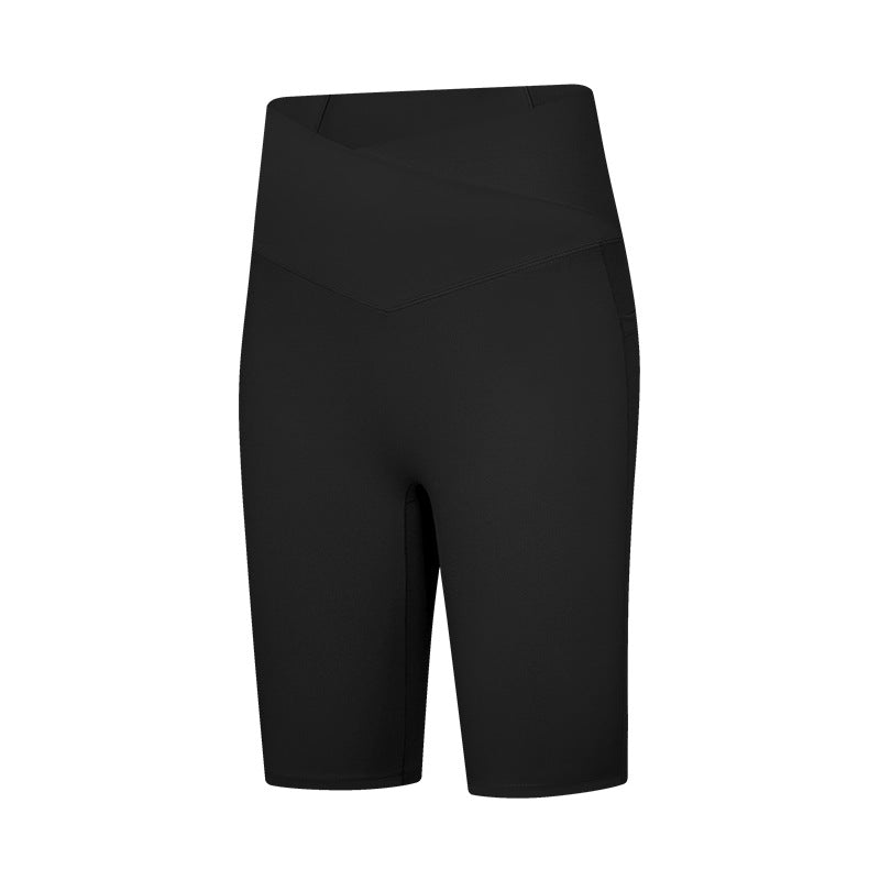 European and american style cross-waist athletic leggings for women, double side pockets, seamless (no t-line), high-elasticity, butt-lifting, 5-inch yoga pants dk197