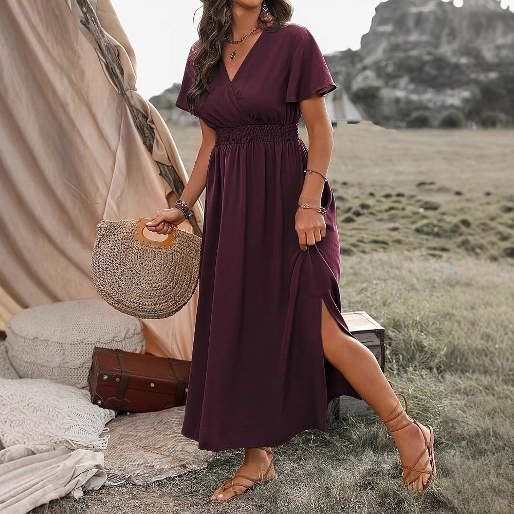 2024 european and american cross-border amazon summer new arrival: solid color v-neck flared sleeve elastic waist slimming slit maxi dress
