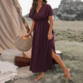 2024 european and american cross-border amazon summer new arrival: solid color v-neck flared sleeve elastic waist slimming slit maxi dress