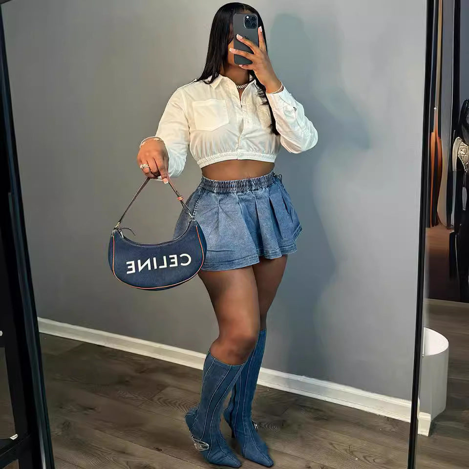 Women's high-waisted denim skirt - european & american cross-border fashion -  summer new arrivals - sexy & spicy girl pleated flared mini skirt