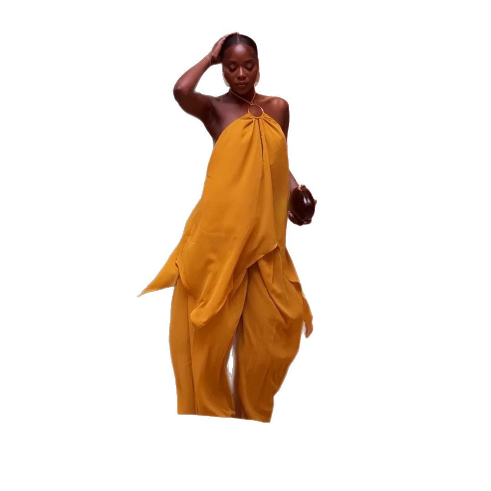 african women's fashion:  summer new collection - halter neck sleeveless irregular top & wide leg pants set