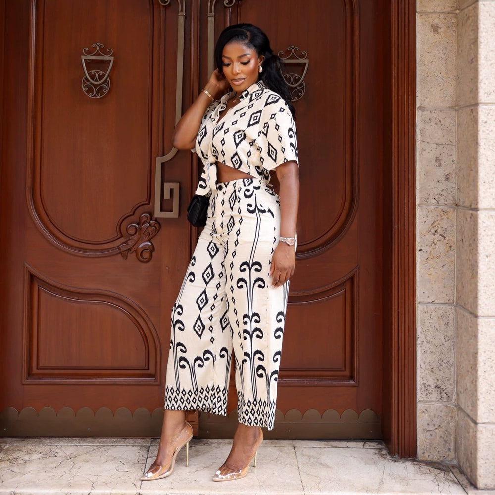 European and american cross-border women's fashion:  summer new collection - stylish printed turn-down collar short-sleeve shirt and high-waisted trousers casual set