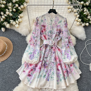 Super fairy seaside vacation v neck floral dress women's summernew arrivaltie back waist large swing pleated fairy skirt