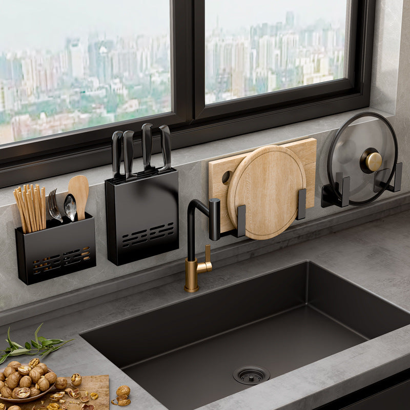 Pot lid rack with drain tray, no punching in kitchen, wall-mounted black cutting board, chopping board, cutting board storage rack