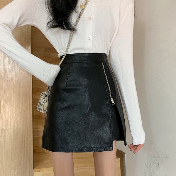 Spring and Autumn 2023 New Korean Version High Waist Skinny Irregular Zipper Hip Wrap Skirt PU Leather A-shaped Skirt Women's Skirt