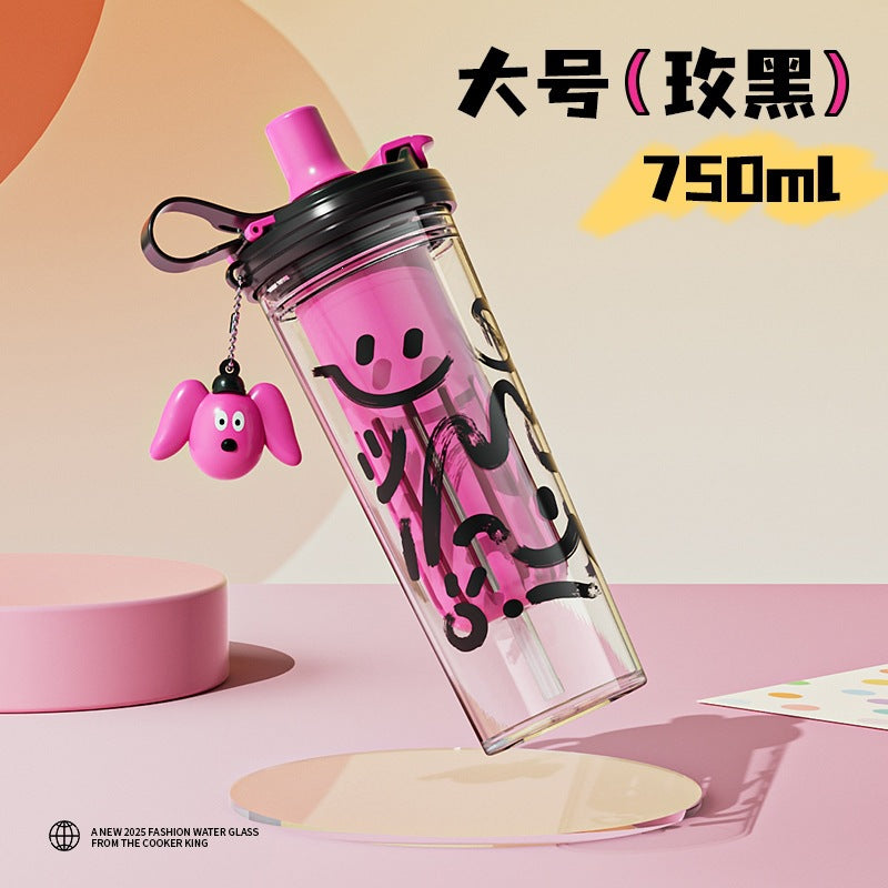 High-style summer double-walled water bottle, large capacity cartoon plastic straw cup, student and children's insulated water bottle with tea infuser, wholesale