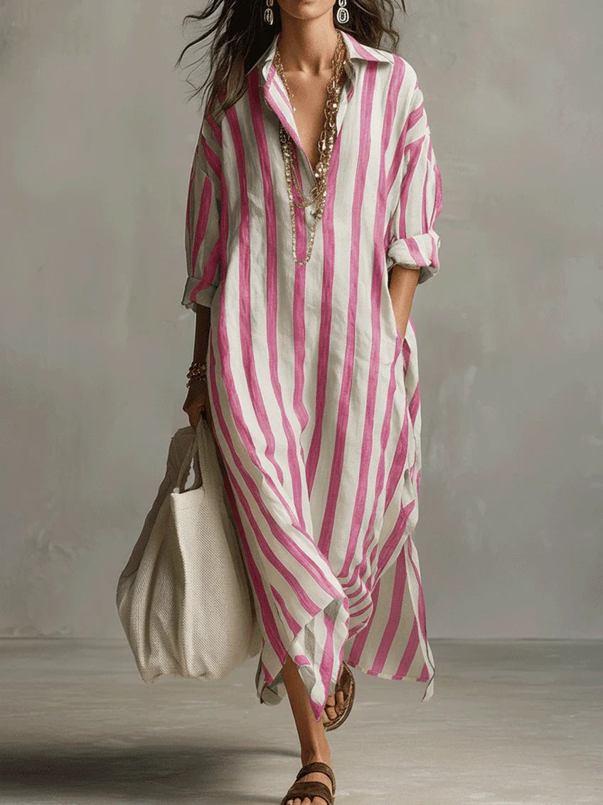 european and american independent station cross-border fashionloosev necklongstripessummer nine-quarter sleeve women's shirtdress