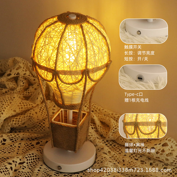 Rattan hot air balloon creative charging night light hemp rope table lamp bedroom decoration ambient light gift for family and friends