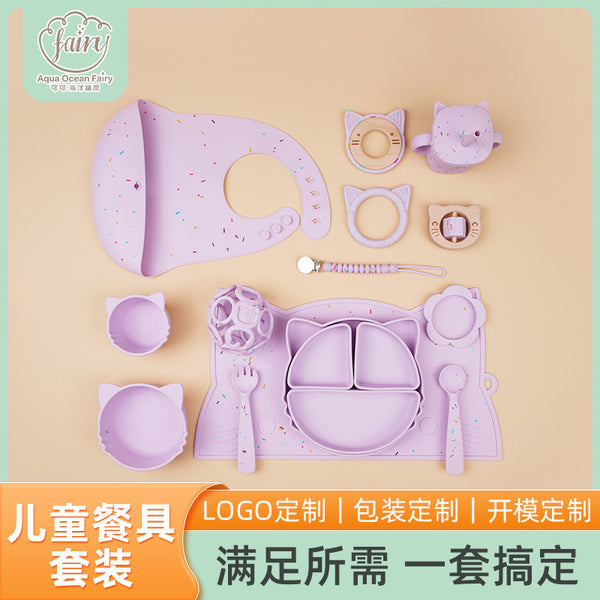 OEM logo color point children's tableware set, food-grade silicone bowl and spoon environmentally friendly tooth glue complementary food set