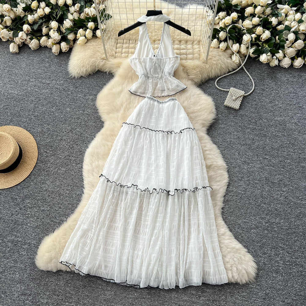 Pure desire vacation suit women's summersexyhalter neck v neckbackless chiffon topshigh waist swing skirt suit