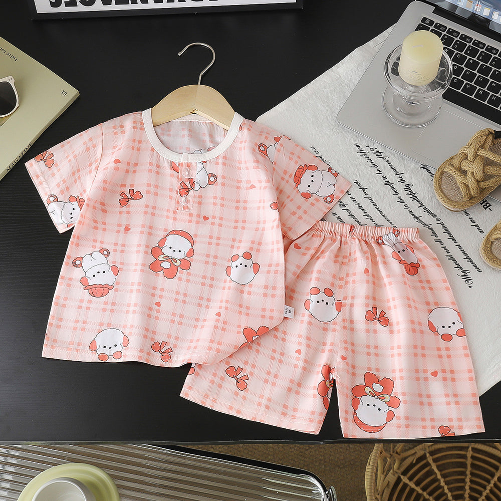 Summer children's cotton silk short-sleeve set: boys' loungewear, girls' cotton silk pajamas, baby air conditioning suit, wholesale children's clothing