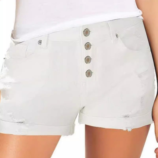 European and American  supply fashion casual high waist four-button white denim shorts