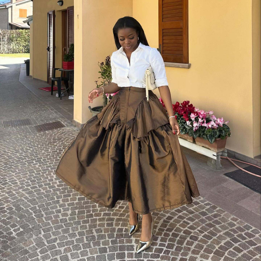 European and american cross-border women's fashion  summer new high-waisted ruffle pleated a-line midi skirt