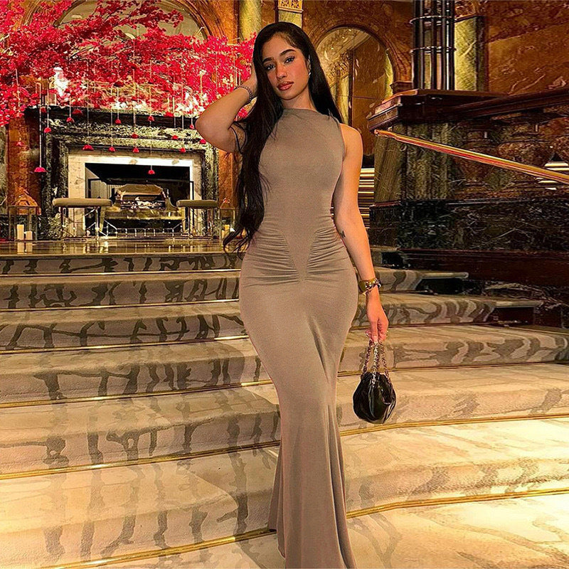 European and american cross-border chic women's clothing:  summer new arrival - solid color sleeveless high-waisted ruched fashionable maxi dress
