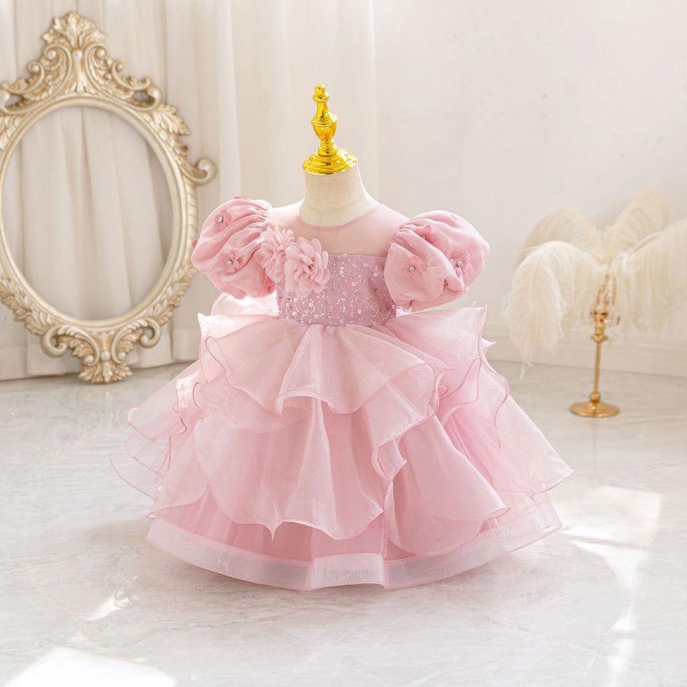 Ready-to-ship new bubble sleeve floral children's formal dress wedding princess gown baby girl party dress kids dress