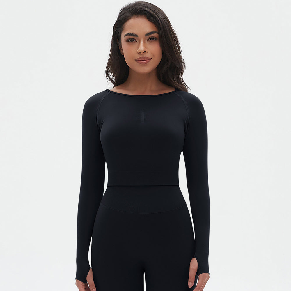 fashion seamless knittingpure color tight high elastic yoga clothes long sleeves sports running fitness yoga tops women