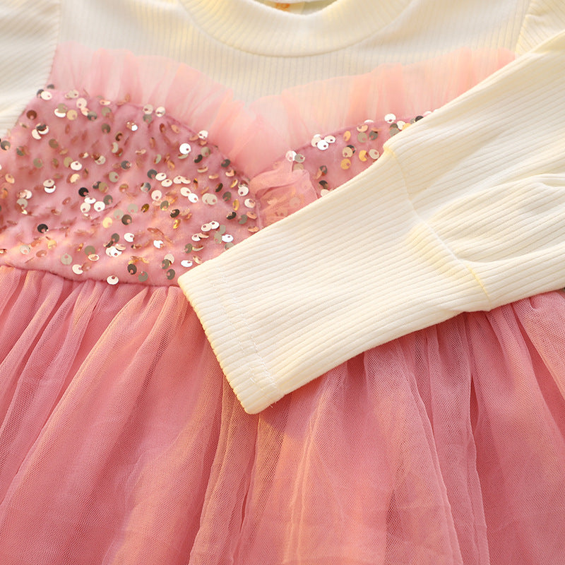 Girls' spring mesh princess dress - kids' round neck sequin party dress with long sleeves and layered tulle skirt