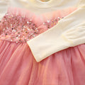 Girls' spring mesh princess dress - kids' round neck sequin party dress with long sleeves and layered tulle skirt