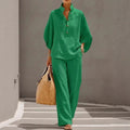 summer new european and american cross-border women's clothing casual loose solid color cotton linen turn-down collar wide leg pants fashion set
