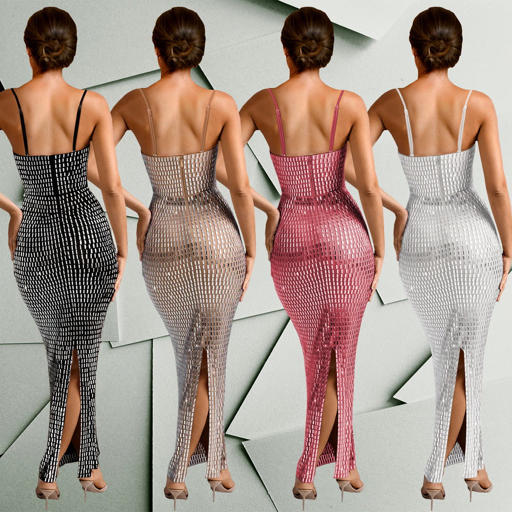 C7193 cross-border   fashion women's hotfix rhinestone sexy cami bodycon mini dress
