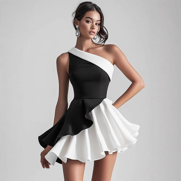 One shoulder sexy contrasting color sleeveless ruffle dress, high waist irregular A-shaped dress party dress dresses