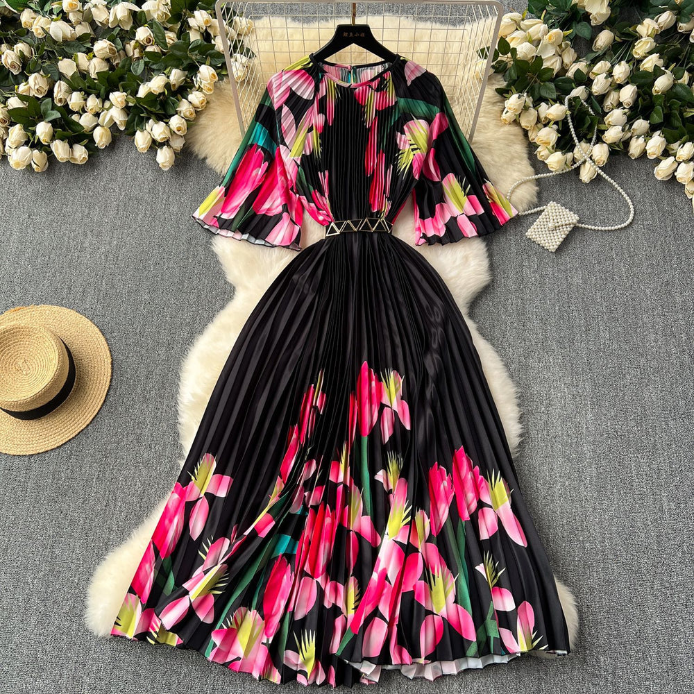 European and american retro court style design printed long dress with heavy pleating, puff sleeves, and pleated skirt - spring collection for women