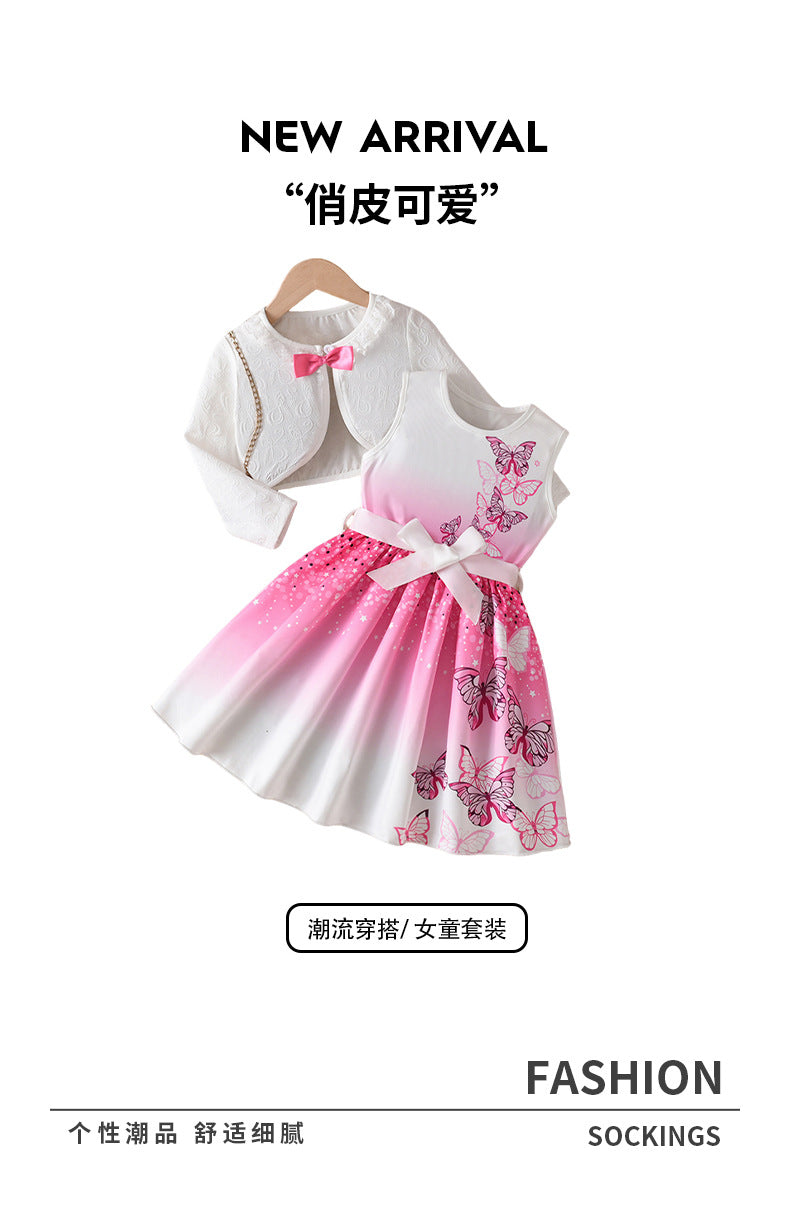 Girls' export dress set: pink gradient tank dress with butterfly print, long-sleeved outerwear, two-piece kids' outfit