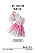 Girls' export dress set: pink gradient tank dress with butterfly print, long-sleeved outerwear, two-piece kids' outfit