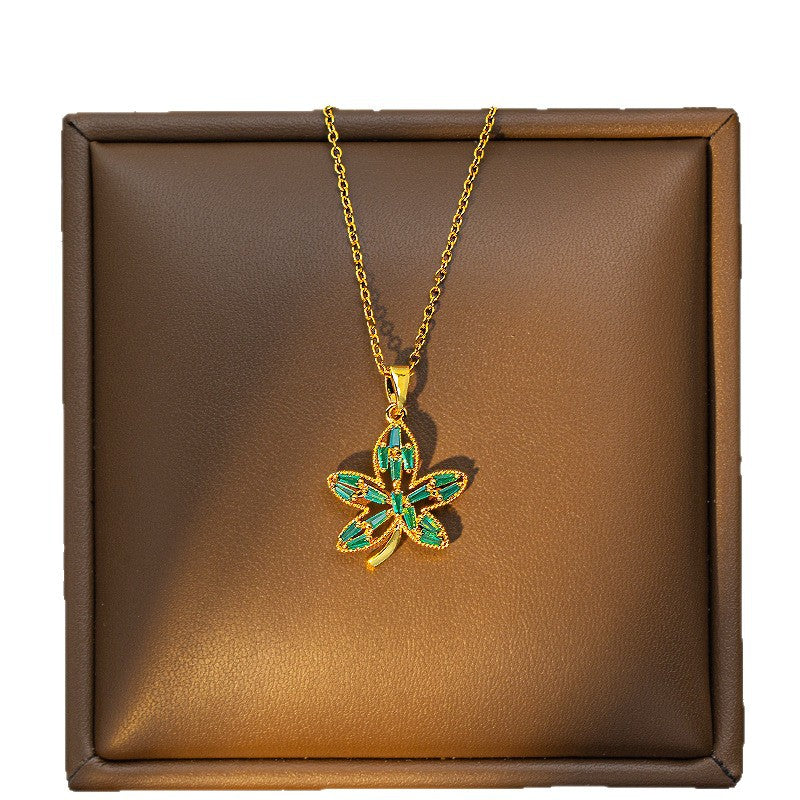 [titanium steel] copper plated real gold pendant micro-embedded classy sense maple leaf necklace women's niche design sweater chain jewelry