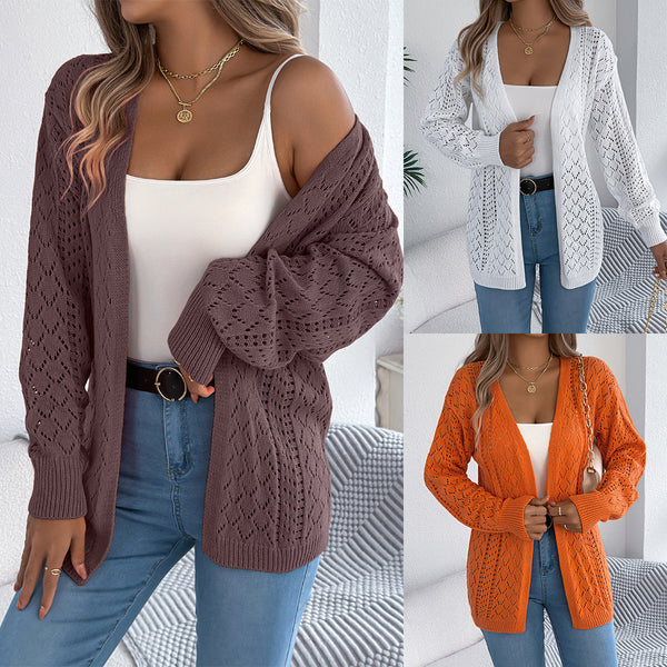 Real shot, Europe, America, autumn and winter hollow lanterns, long-sleeved cardigan, sweater, medium and long coat,   women's clothing