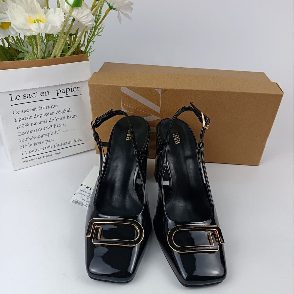 Za2023 autumn new collection: square-toe, g-shaped rhinestone buckle, gold chunky heel, fashionable women's export sandals & high heels