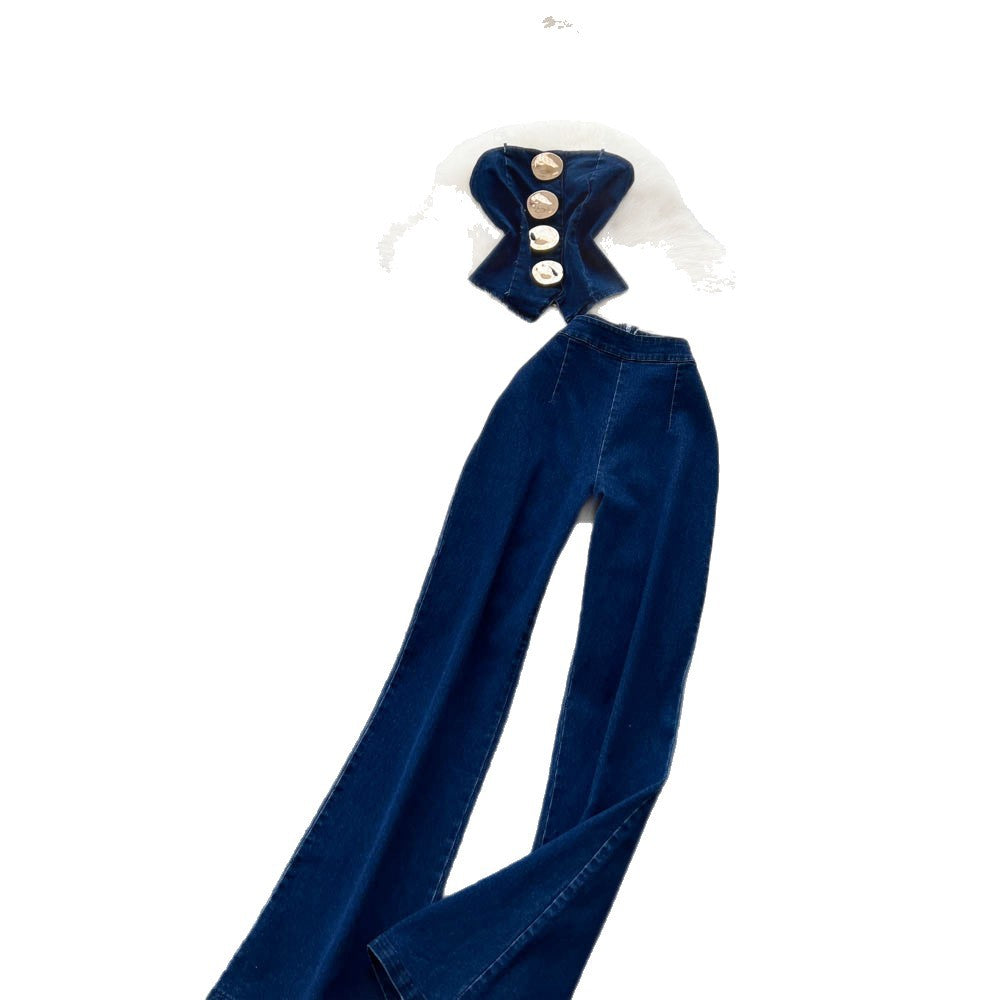 Fashion hot girl denim suit women's metal buckle suspender tube top vest + high waist tight slimming look micro-flared pants