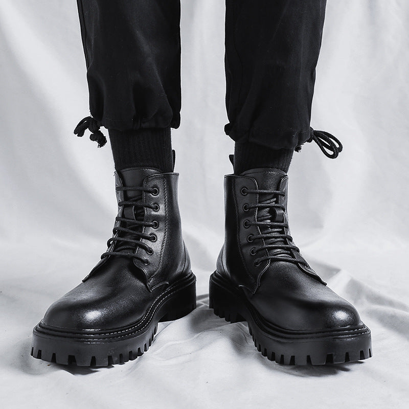 Popular martin boots for men, high-top trendy spring & fall british style, retro mid-top leather shoes, heightening black leather boots