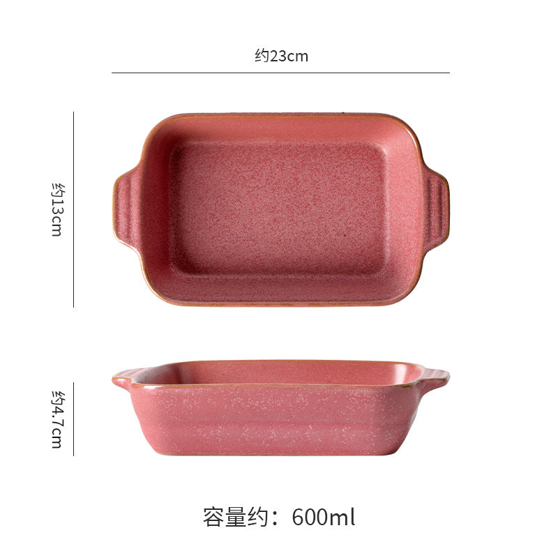 Creative kiln-turned double-ear ceramic baking dish baking tool cheese rice pizza plate pasta plate barbecue rectangular plate